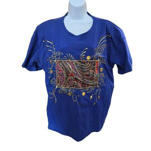 VTG Handpainted Blue T-Shirt With Paisley Design & Gold Accents Wearable art